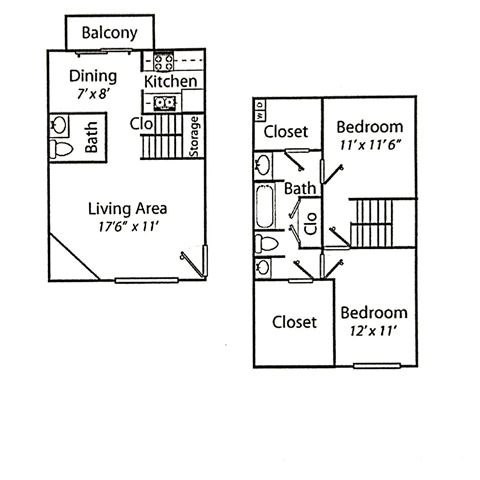 Floor plan for 2 beds, 1.5 baths, 1040 sqft